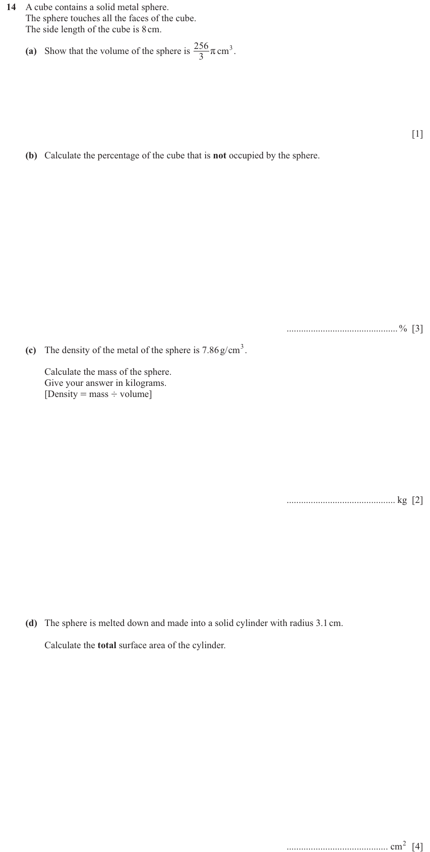 IGCSE 0580 Nov 2025 Paper 41 Question 14 — Perimeter, Area and Volume (Extended, 10 marks)
