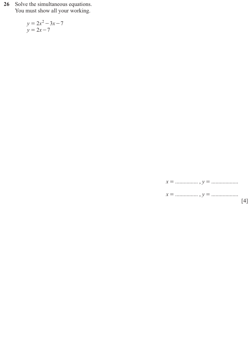 IGCSE 0580 Nov 2025 Paper 41 Question 26 — Simultaneous equations (Extended, 4 marks)