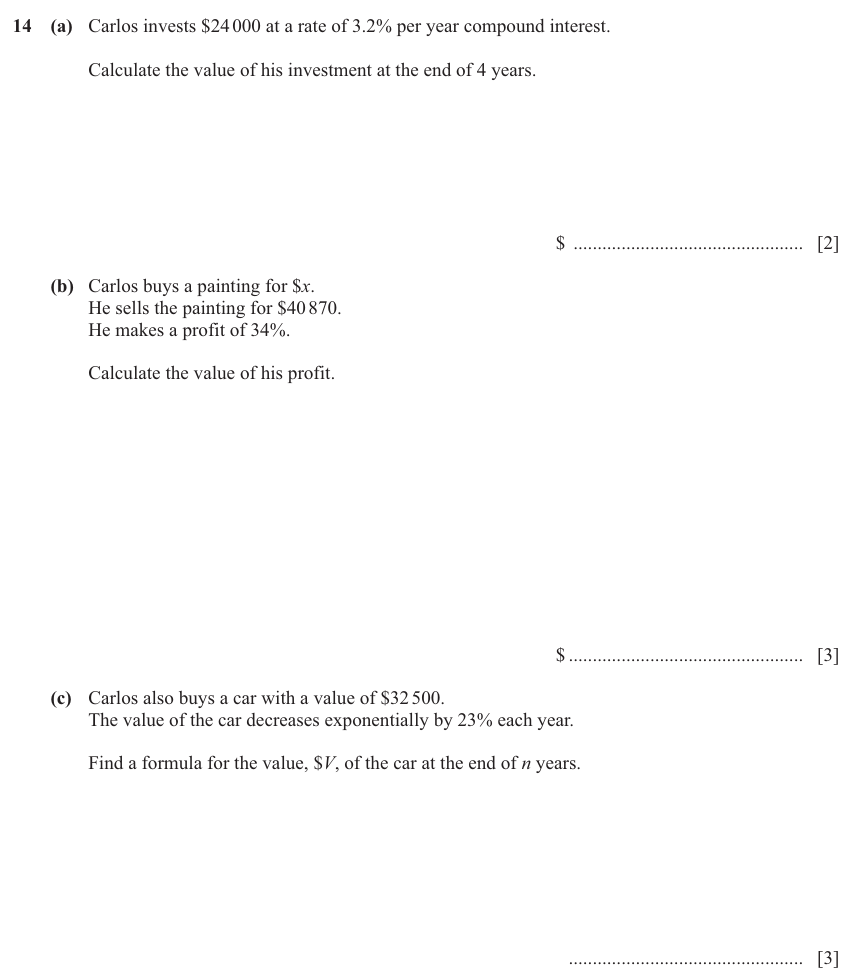 IGCSE 0580 Nov 2025 Paper 42 Question 14 — Simple and compound interest (Extended, 8 marks)