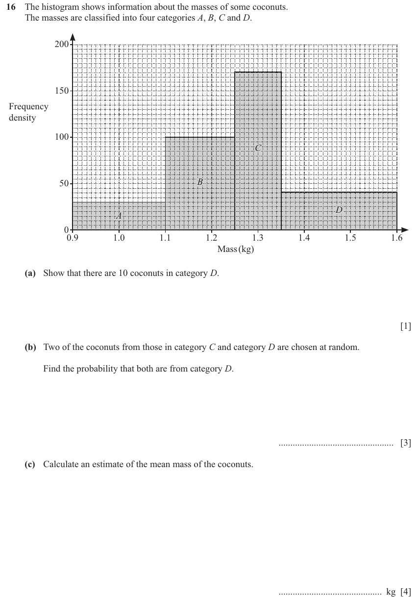 IGCSE 0580 Nov 2025 Paper 42 Question 16 — Frequency density (Extended, 8 marks)