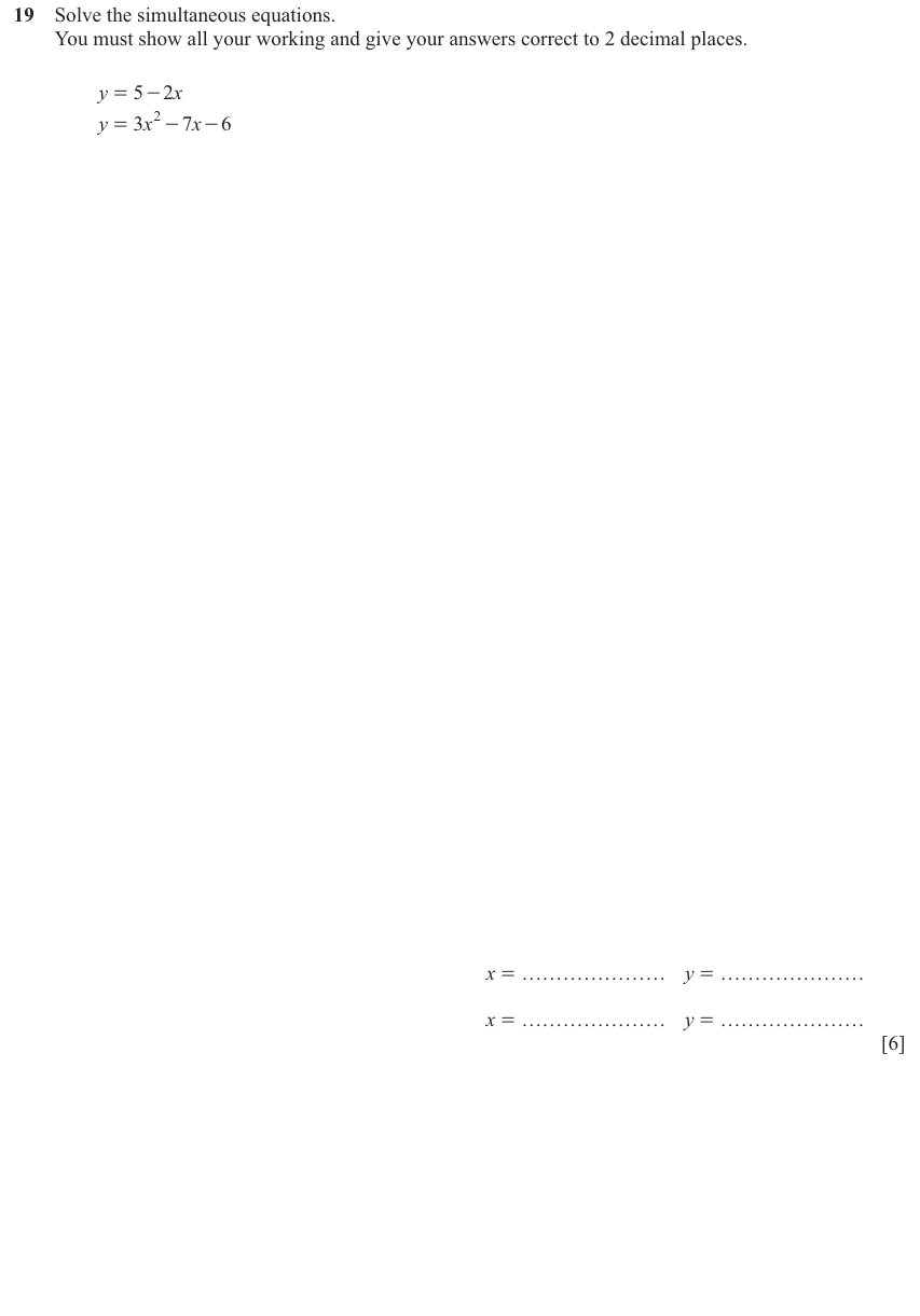 IGCSE 0580 Nov 2025 Paper 42 Question 19 — Simultaneous equations (Extended, 6 marks)