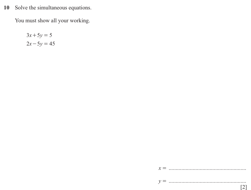 IGCSE 0580 Nov 2025 Paper 43 Question 10 — Simultaneous equations (Extended, 2 marks)