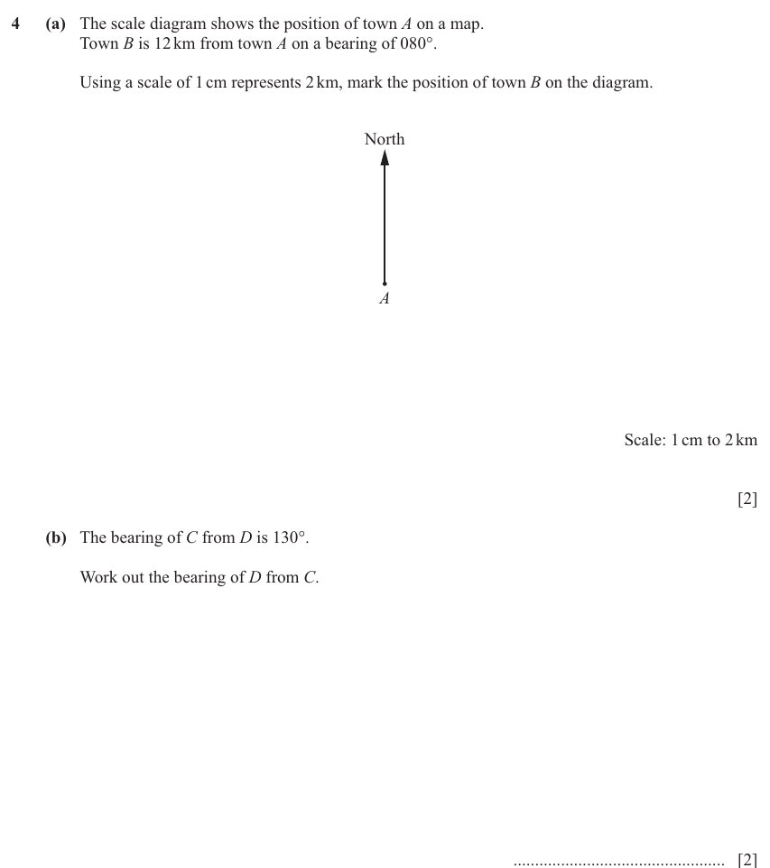 IGCSE 0580 Nov 2025 Paper 43 Question 4 — Three-figure bearings (Extended, 4 marks)