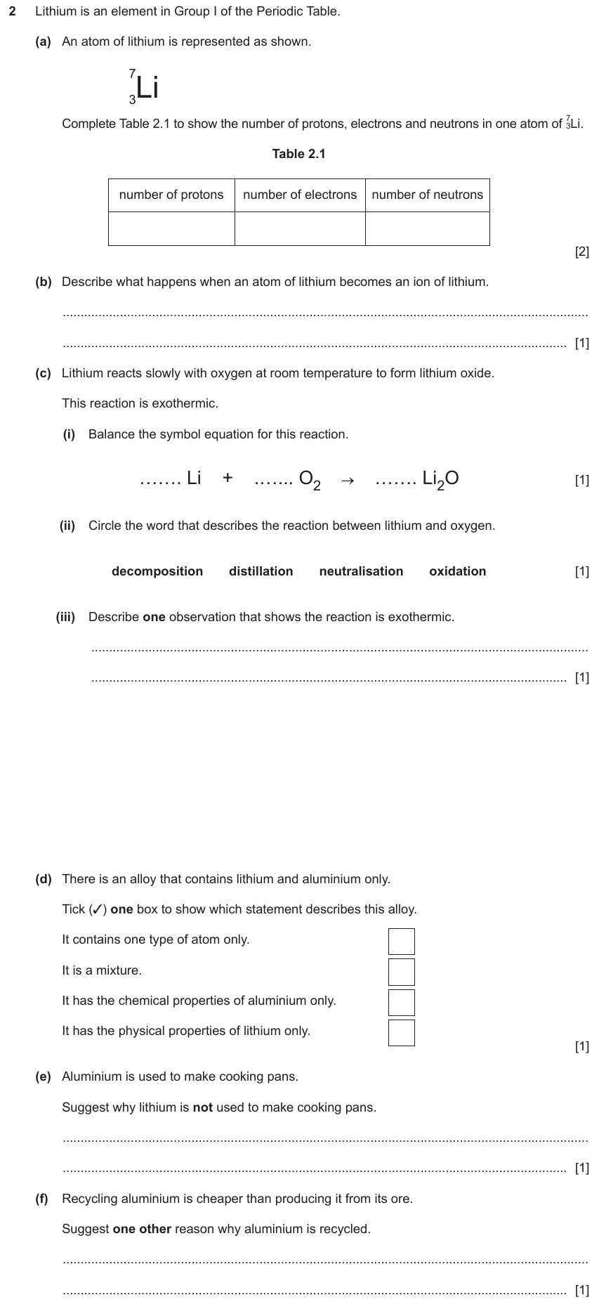 IGCSE 0653 Mar 2024 Paper 32 Q2 — Atoms, Elements & Compounds