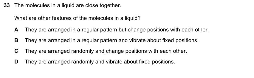 IGCSE 0653 May/Jun 2023 Paper 11 Q33 — States of Matter & Particles