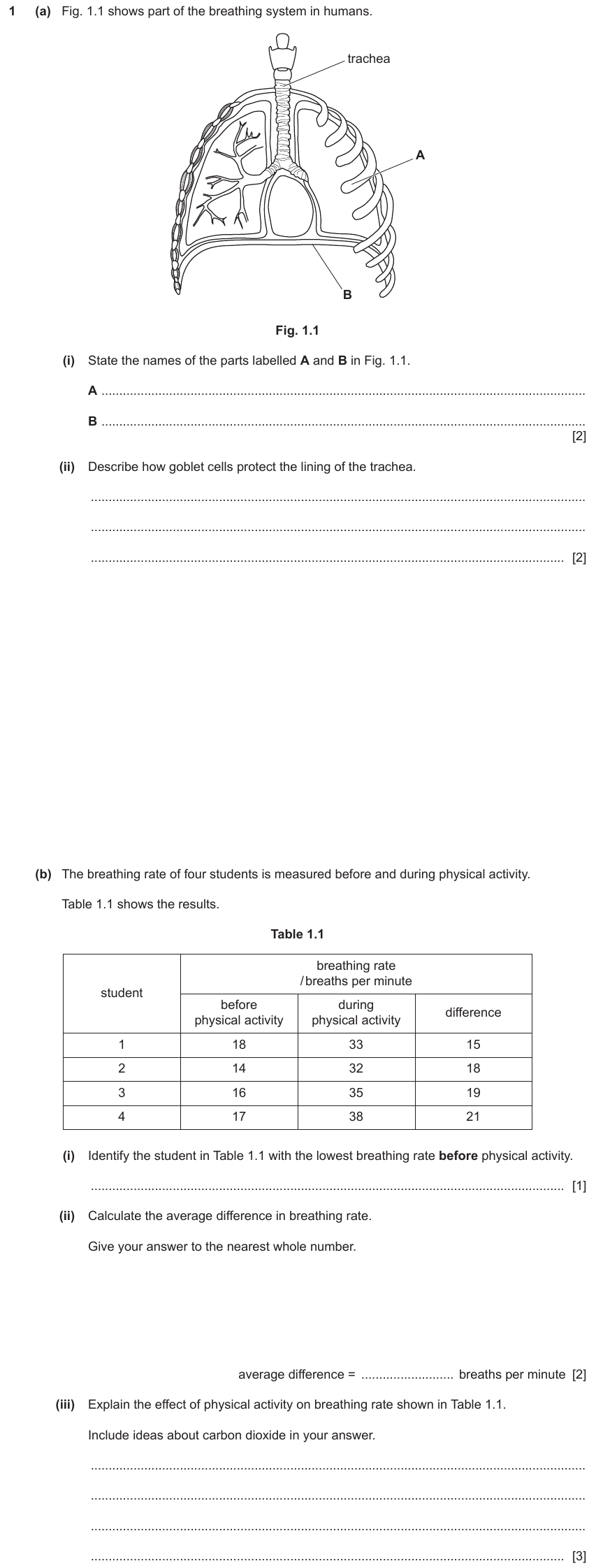 IGCSE 0653 Oct/Nov 2023 Paper 43 Q1 — Gas Exchange & Respiration
